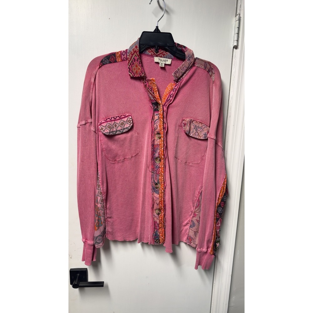 Tru Luxe Jeans | Pink Ribbed Knit Boho Mixed Media Button Down Shirt | Size M